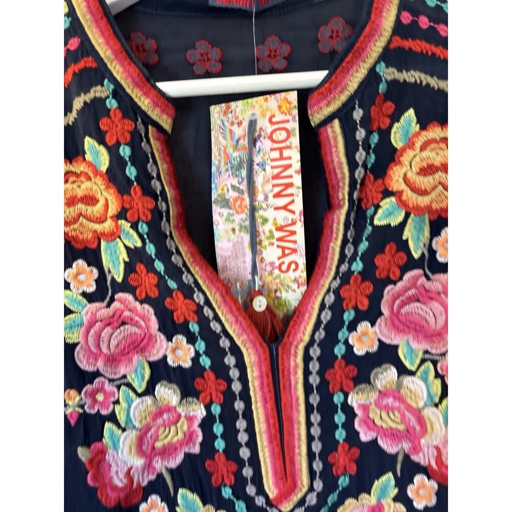 Johnny Was Tunic Blouse Top Medium Blue Vneck Flowy Relaxed Embroidered Long - Picture 5 of 15